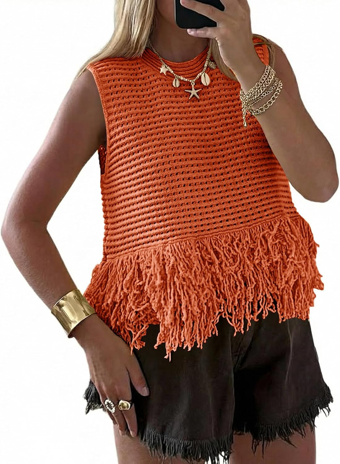 Saodimallsu Womens Crochet Crop Tank Tops Fringe Boho Summer Sweater Vest | Amazon (US)