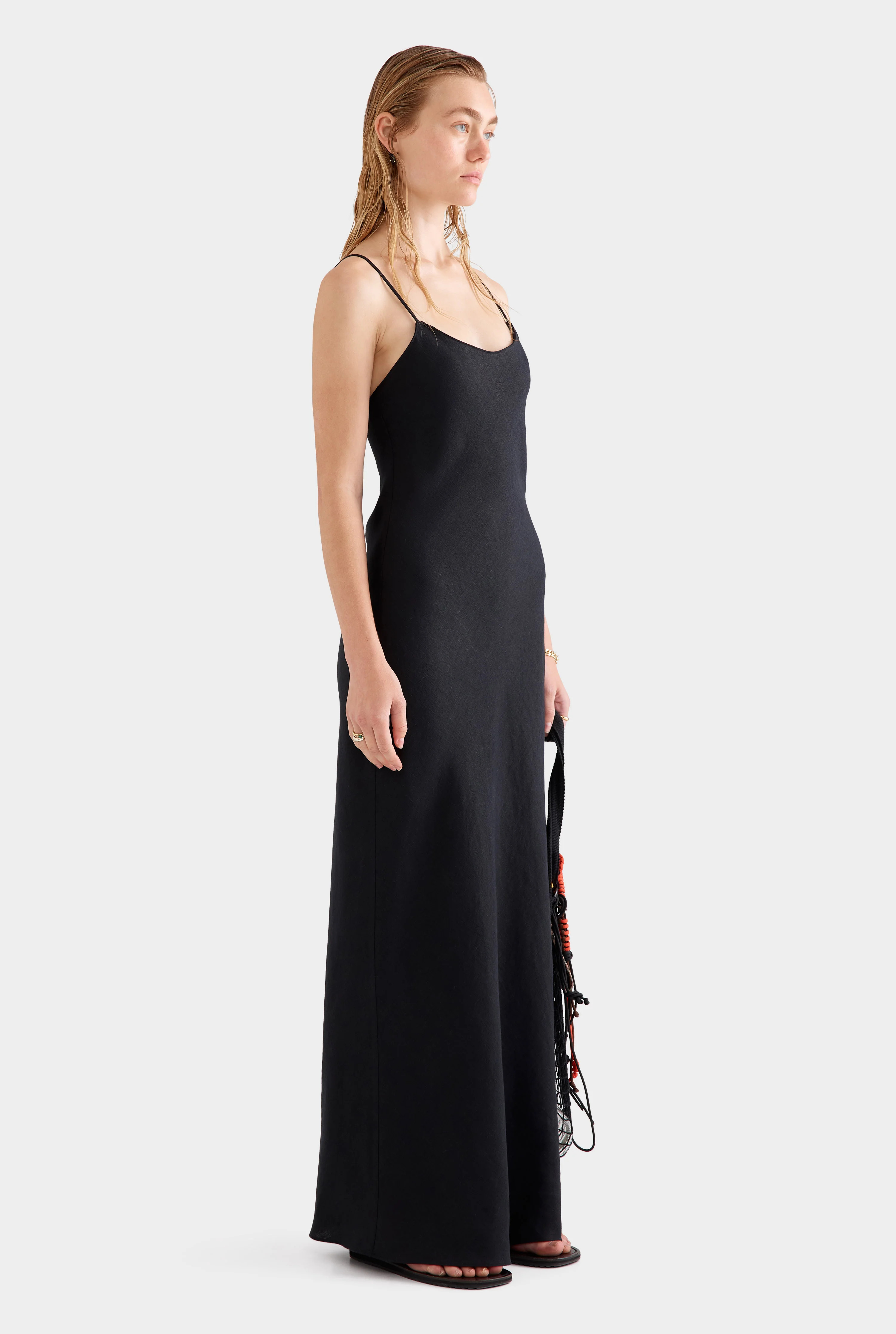 Womens Linen Slip Dress in Black | Venroy | Venroy AU