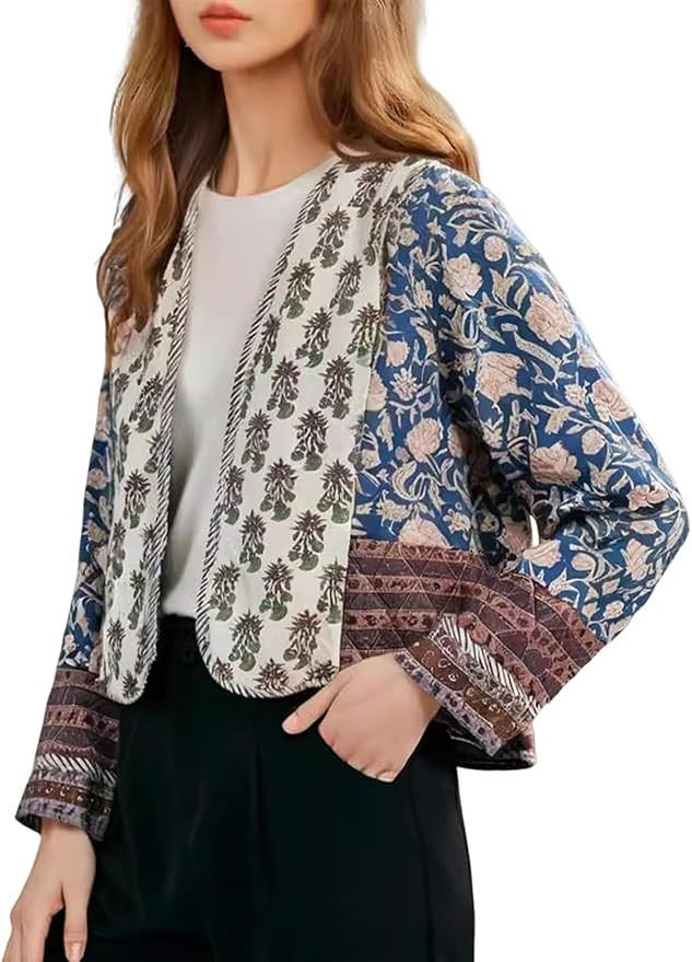 Wyeysyt Women's Cropped Puffer Quilted Jacket Cardigan Floral Printed Lightweight Long Sleeve Ope... | Amazon (US)