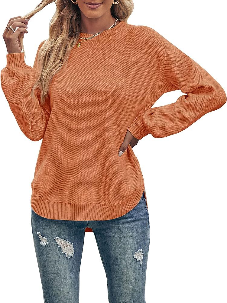 MEROKEETY Women's 2023 Fall Long Balloon Sleeve Crew Neck Sweater Tops Waffle Knit Soft Pullover ... | Amazon (US)