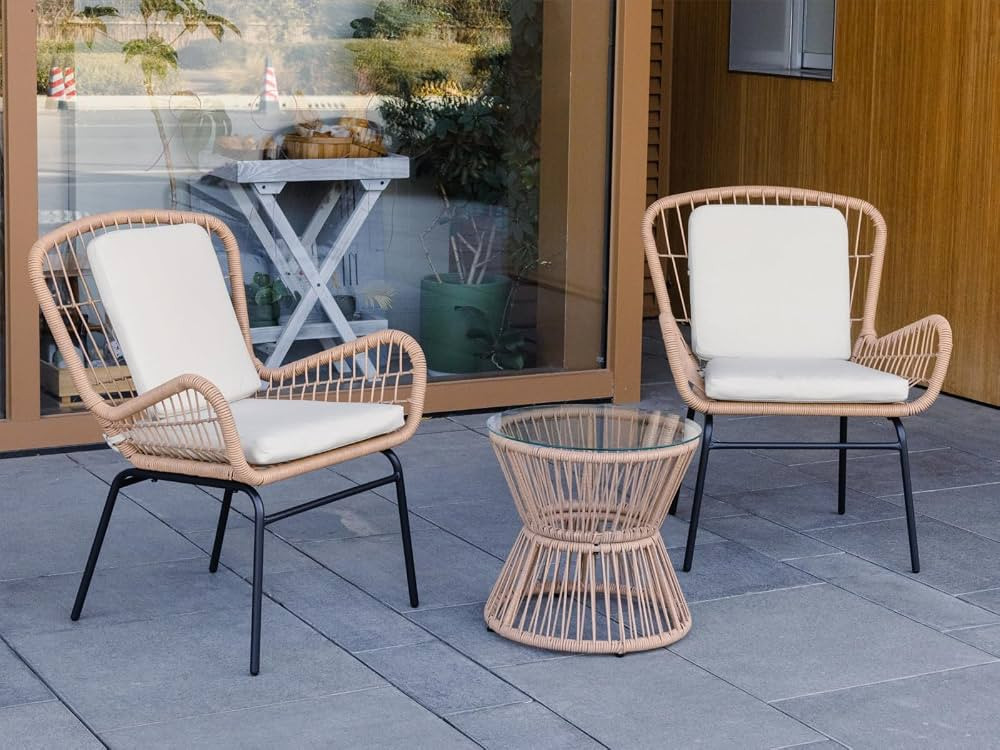 3 Piece Rattan Patio Bistro Set,Outdoor Wicker Furniture with 2 Chairs and Glass Top Table,Boho S... | Amazon (US)
