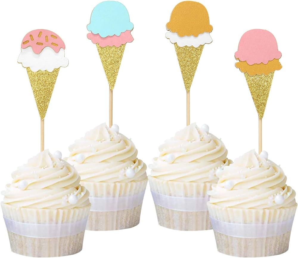 Ercadio 24 Pack Ice Cream Cupcake Toppers Glitter Cupcake Picks for Baby Shower Birthday Summer H... | Amazon (US)