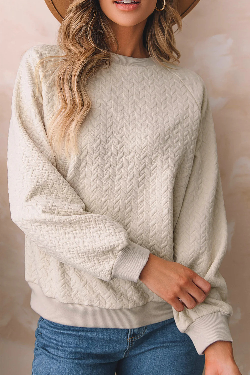 Amy Textured Raglan Sleeve Pullover Sweatshirt | Threaded Pear