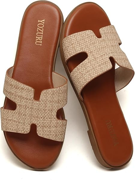Yozuru Womens Flat Sandals Open Toe Dressy Summer Sandals Comfortable Casual Slip on Leather Slid... | Amazon (US)