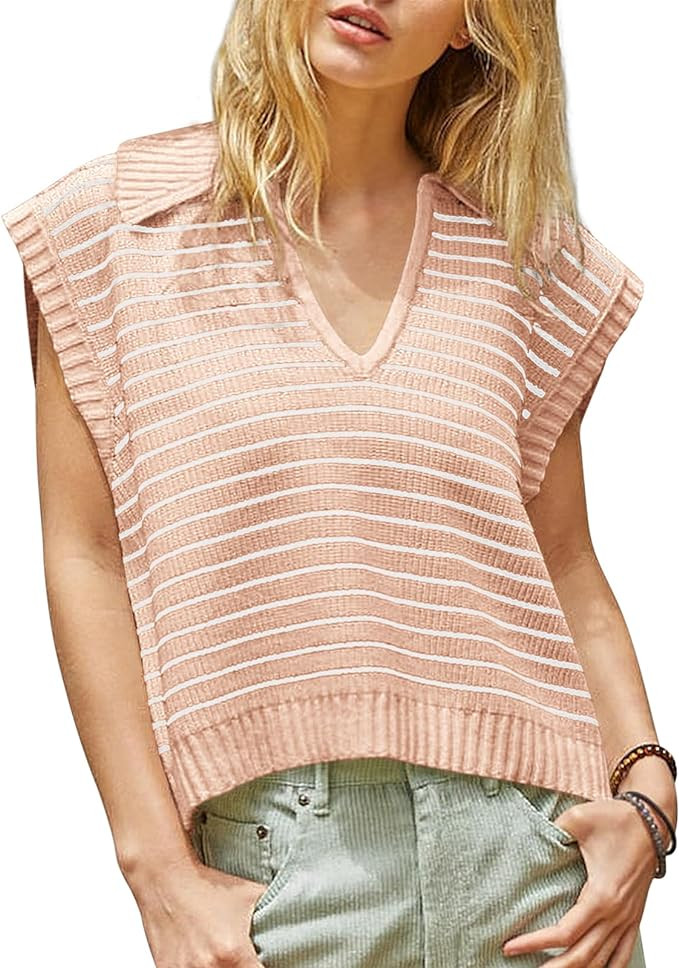 Yousify Summer Sweaters for Women 2024 V Neck Cap Sleeve Tops Sleeveless Spring Clothes S-2XL | Amazon (US)
