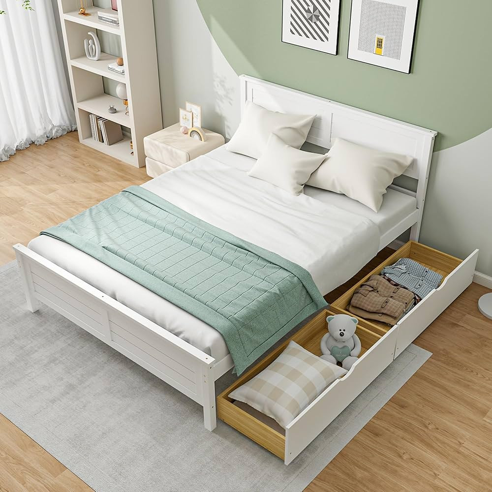 KOMFOTT Full Size Wood Bed Frame with 2 Storage Drawers, Mid Century Platform Bed Frame with Head... | Amazon (US)