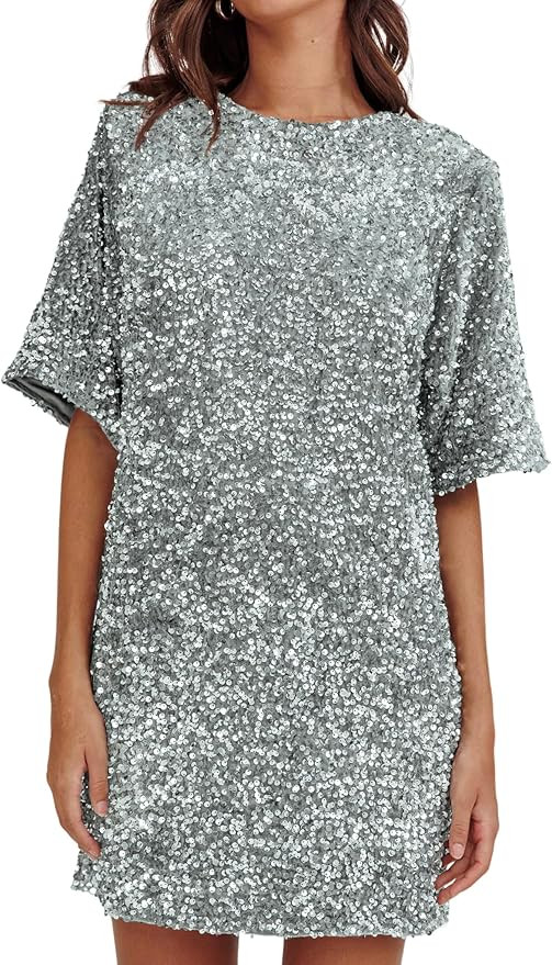 R.Vivimos Women's Sparkly Sequin Party Dress Fall Winter Short Sleeve Crew Neck Velvet Loose Eleg... | Amazon (US)