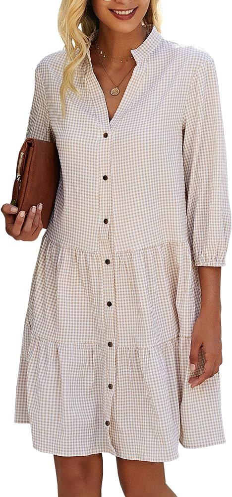 CCTOO Women's Summer Dresses Casual V Neck Button Down 3/4 Sleeve Floral Print Loose Flowy Shirt ... | Amazon (US)