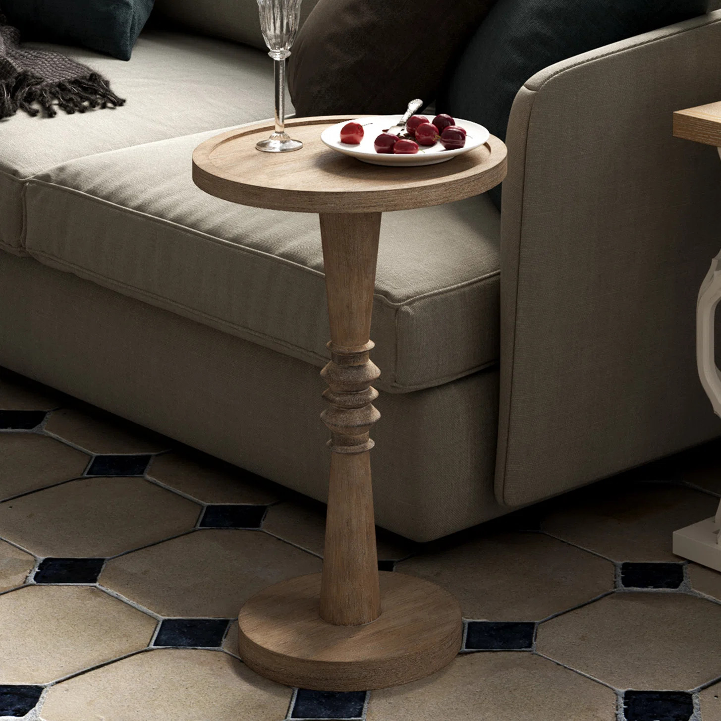 STKT Pedestal Small Drinking Table, Farmhouse Tray Top End Table, Distressed Natural Wood Color | Wayfair North America