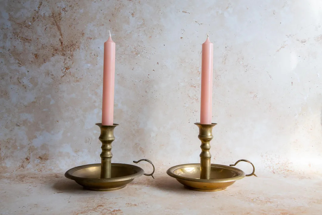 Pair of Antique Brass Candlestick Holders, Vintage Brass Chamberstick Holders, Brass Candlestick ... | Etsy (US)