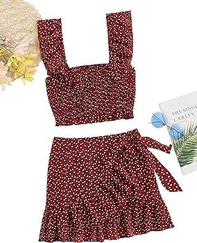 Amazon.com: MakeMeChic Women's Two Piece Ruffle Trim Cami Crop Top and Wrap Skirt Set Burgundy XS... | Amazon (US)