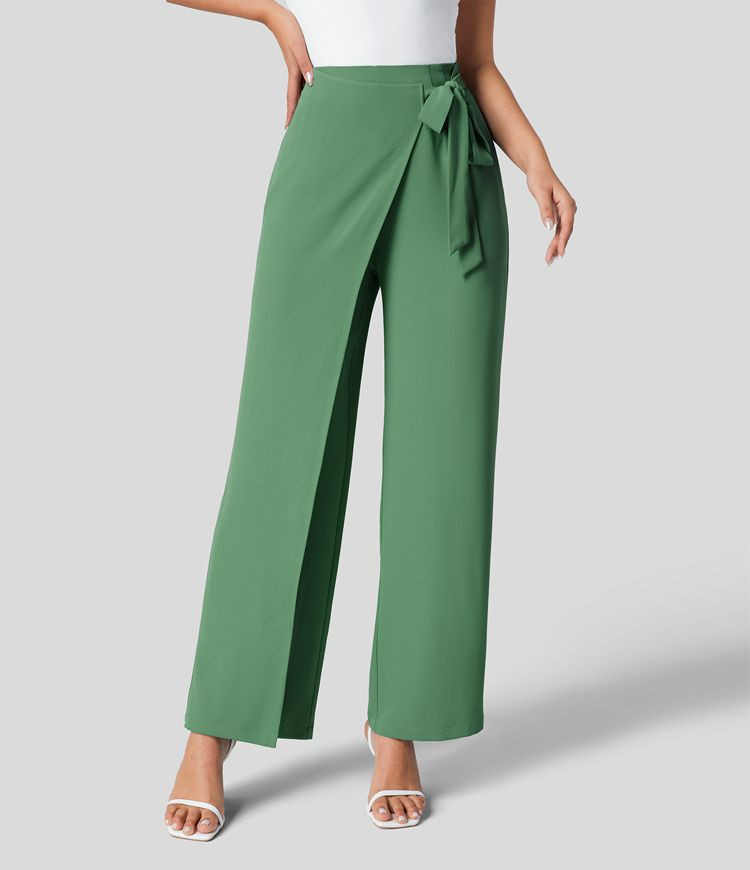 Women’s High Waisted Tie Side Invisible Zipper Wide Leg Work Pants - Halara | HALARA