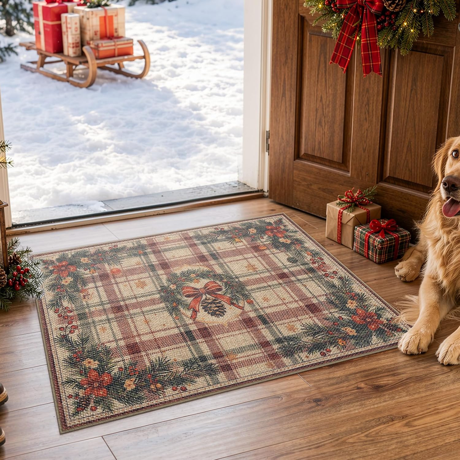 Lahome Christmas Rug, 2x3 Front Door Easy Jute Mat Plaid Wreath Entry Rug | Amazon (US)