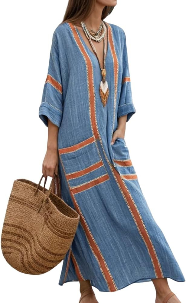 Zhyaj Women's Striped Cotton Linen Maxi Dress Summer Oversized Half Sleeve V Neck Flowy Hem Dress... | Amazon (US)