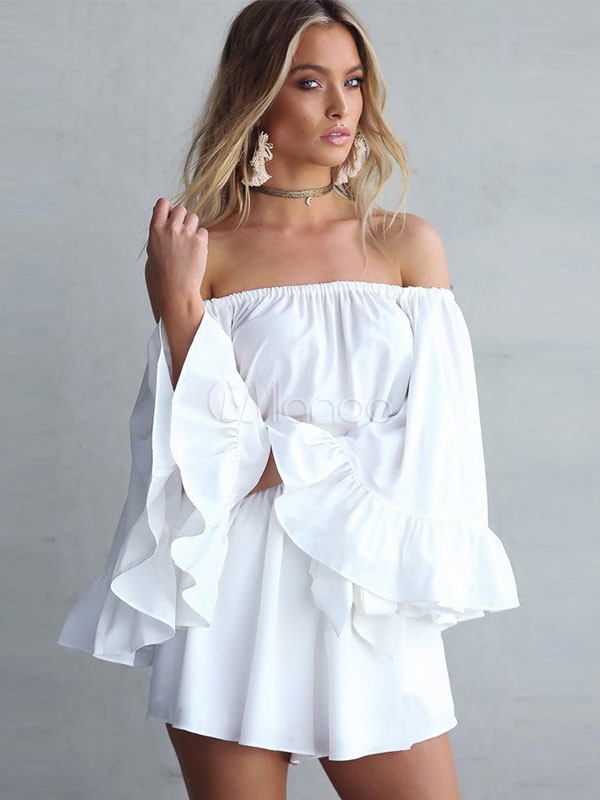 Women's White Romper Off The Shoulder Bell Long Sleeve Loose Leg Short Playsuit | Milanoo