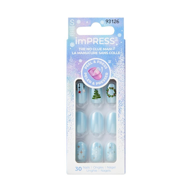 KISS imPRESS Holiday  Press on Nails, Design, Frosty Tale, Blue, Short Oval, 30 Count | Walmart (US)