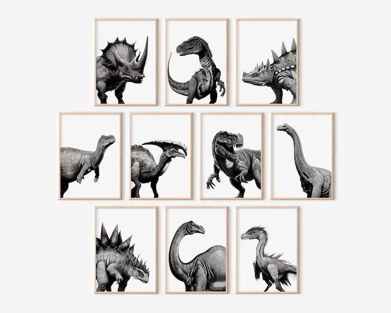 Dinosaur Prints Set: 10 Black and White Nursery Wall Art (Digital Download) | Etsy (Global)