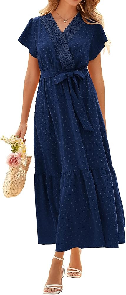 KIRUNDO Women's Casual Flutter Short Sleeve Wrap V Neck Swiss Dot A Line Flowy Midi Dresses with ... | Amazon (US)