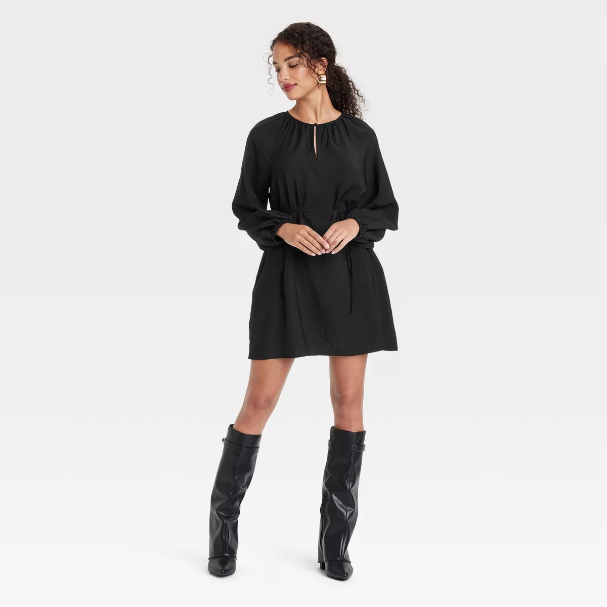 Women's Ballon Long Sleeve Belted Mini Dress - A New Day™ Black XS | Target