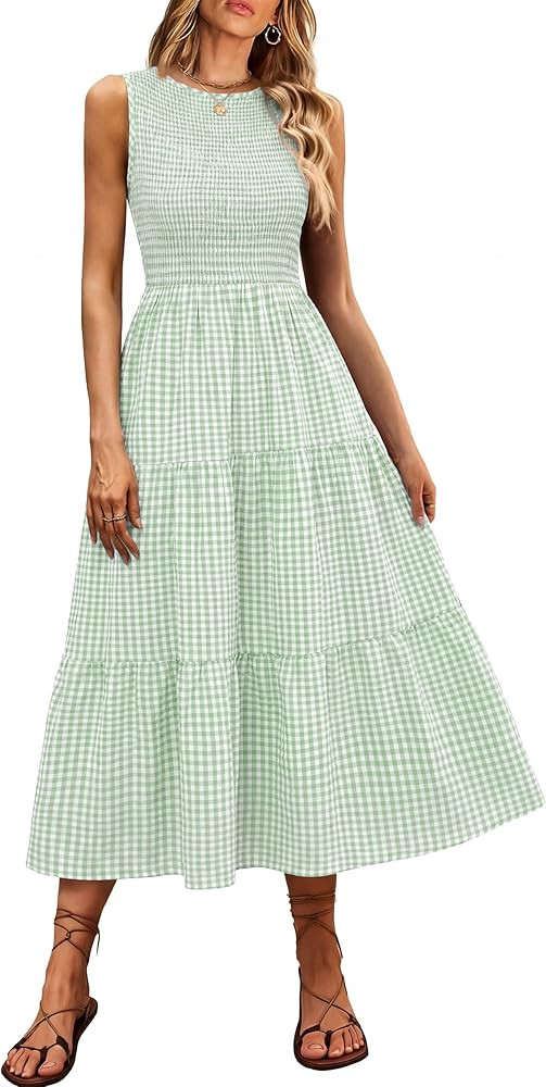 ANRABESS Women's Summer Casual Maxi Dress Sleeveless Crewneck Smocked 2026 Flowy Plaid Tiered Boh... | Amazon (US)