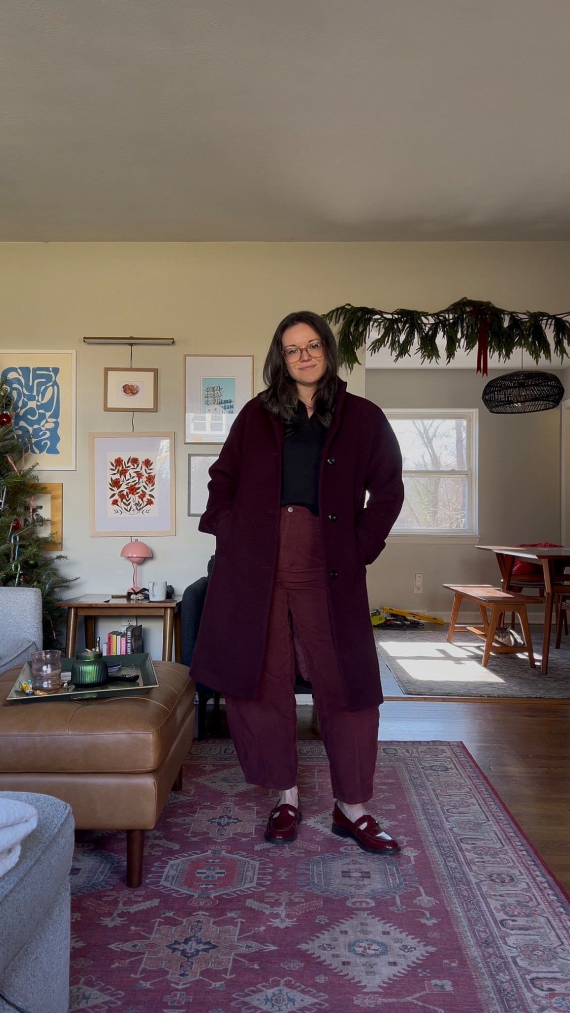 almost monochrome burgundy outfit. My wool coat was thrifted nine west years ago, but I’ve tagged similar styles  