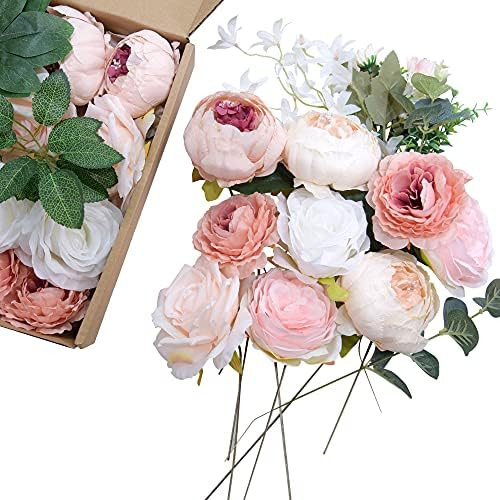 ETERNAL ANGEL Artificial Flowers Pink White Fake Rose and Silk Peony with Green Leaves for DIY We... | Amazon (US)