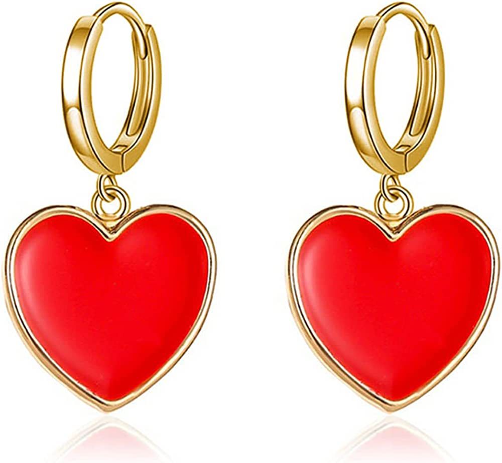 ONLYJUMP 14K Gold Plated Huggie Earrings CZ Tiny Small Hoop Earrings Red Enamel Heart Ear Cuff In... | Amazon (US)