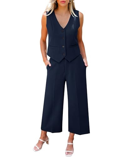 LookbookStore Women Business Casual Outfits Navy Blue Vest and Pants Set Linen Suits Suit Set Pants Suit for Women Dark Blue Size Large Size 12 14 | Amazon (US)
