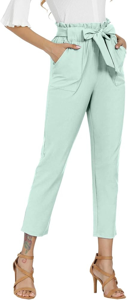 Freeprance Women's Pants Casual Trouser Paper Bag Pants Elastic Waist Slim Pockets | Amazon (US)