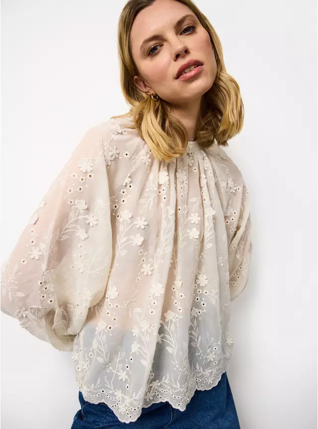 Cream Floral Embroidered Mesh Blouse 10 | Tu Clothing