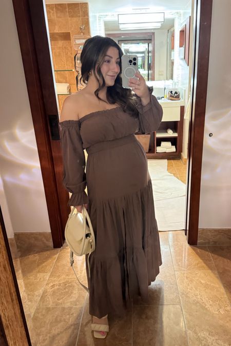 Date night dress! Off the shoulder maxi dress with a side slit 

Wearing size small in coffee color 
Petite and bump friendly! 

#LTKStyleTip #LTKBump #LTKFindsUnder100