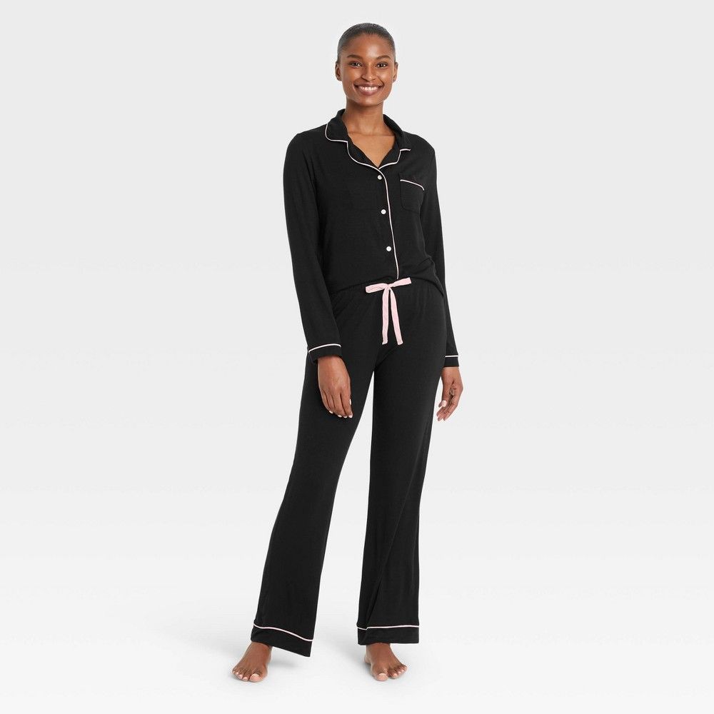 Women's Beautifully Soft Long Sleeve Notch Collar Top and Pants Pajama Set - Stars Above Black M | Target