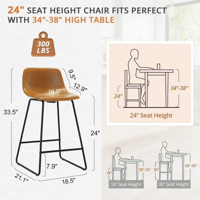 Dycanpo 24" Bar Stools Set of 3 with Back, Faux Leather for Home Kitchen Island, Whisky Brown | Walmart (US)