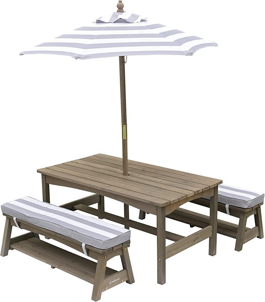 KidKraft Outdoor Wooden Table & Bench Set with Cushions and Umbrella, Kids Backyard Furniture, Gr... | Amazon (US)