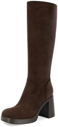 SOVANYOU Black Leather Boots Platform Boots for Women Square Toe Chunky Block Heeled Boots | Amazon (US)