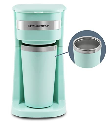 Elite Gourmet EHC117M Personal Single-Serve Compact Coffee Maker Brewer Includes 14Oz. Thermal Travel Mug with Stainless Steel Interior, Compatible with Coffee Grounds, Reusable Filter, Mint | Amazon (US)