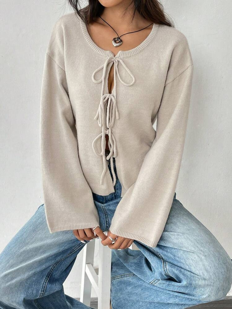 SHEIN EZwear Ladies' Solid Color Knotted Long Sleeve Cardigan, Commute, Minimalist, Office Wear, ... | SHEIN