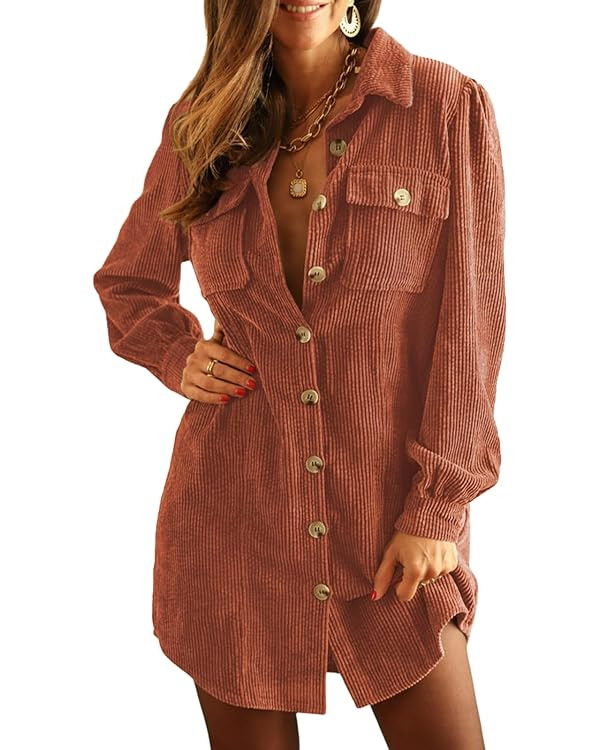 Alaster Queen Women's Corduroy Long Sleeve Short Dresses Fall Winter Button Down Work Tunic Dress... | Amazon (US)