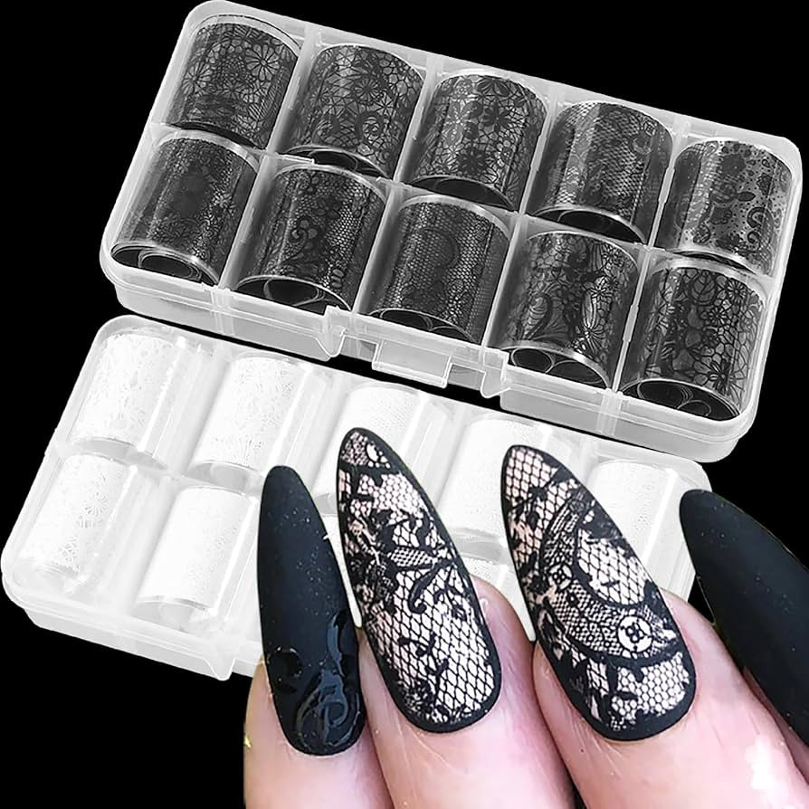 SILPECWEE 20 Rolls Lace Nail Foil White and Black Nail Transfer Foil Flower Nail Art Foils Decals... | Amazon (US)