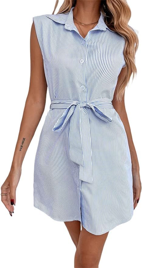 Milumia Women's Striped Belted Waist Button Down Collar Sleeveless Shirt Dress | Amazon (US)