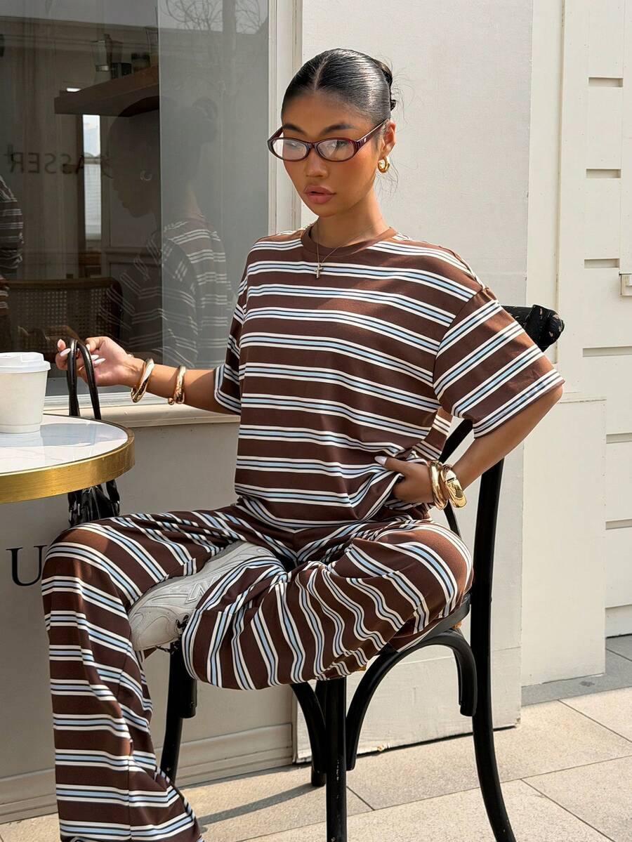 Muchica 2PCS Women's Brown Striped Two-Piece Set,Summer Casual Streetwear Brunch Loose Round Neck... | SHEIN