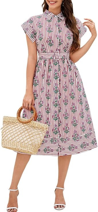 Womens Summer Striped Midi Dress Short Sleeve Floral Shirt Dress Casual Button Down Belted Dresse... | Amazon (US)
