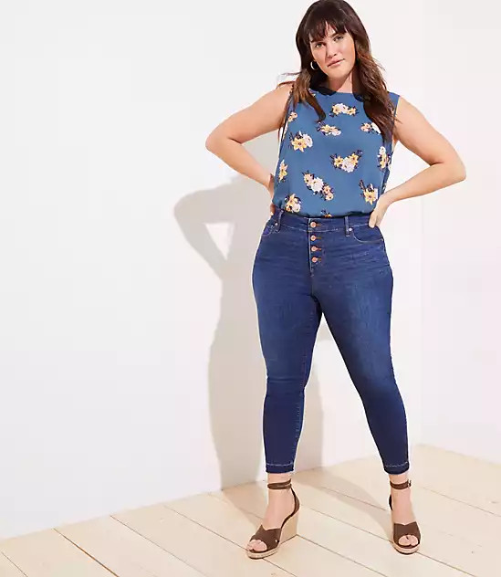 LOFT Plus High Waist Button Fly Slim Pocket Skinny Jeans in Rich Mid Indigo Wash | LOFT | LOFT