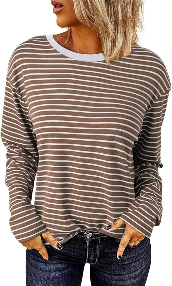 Dokotoo Women's Casual Striped Long Sleeve Tops Crew Neck Knit Ribbed Basic T Shirts | Amazon (US)