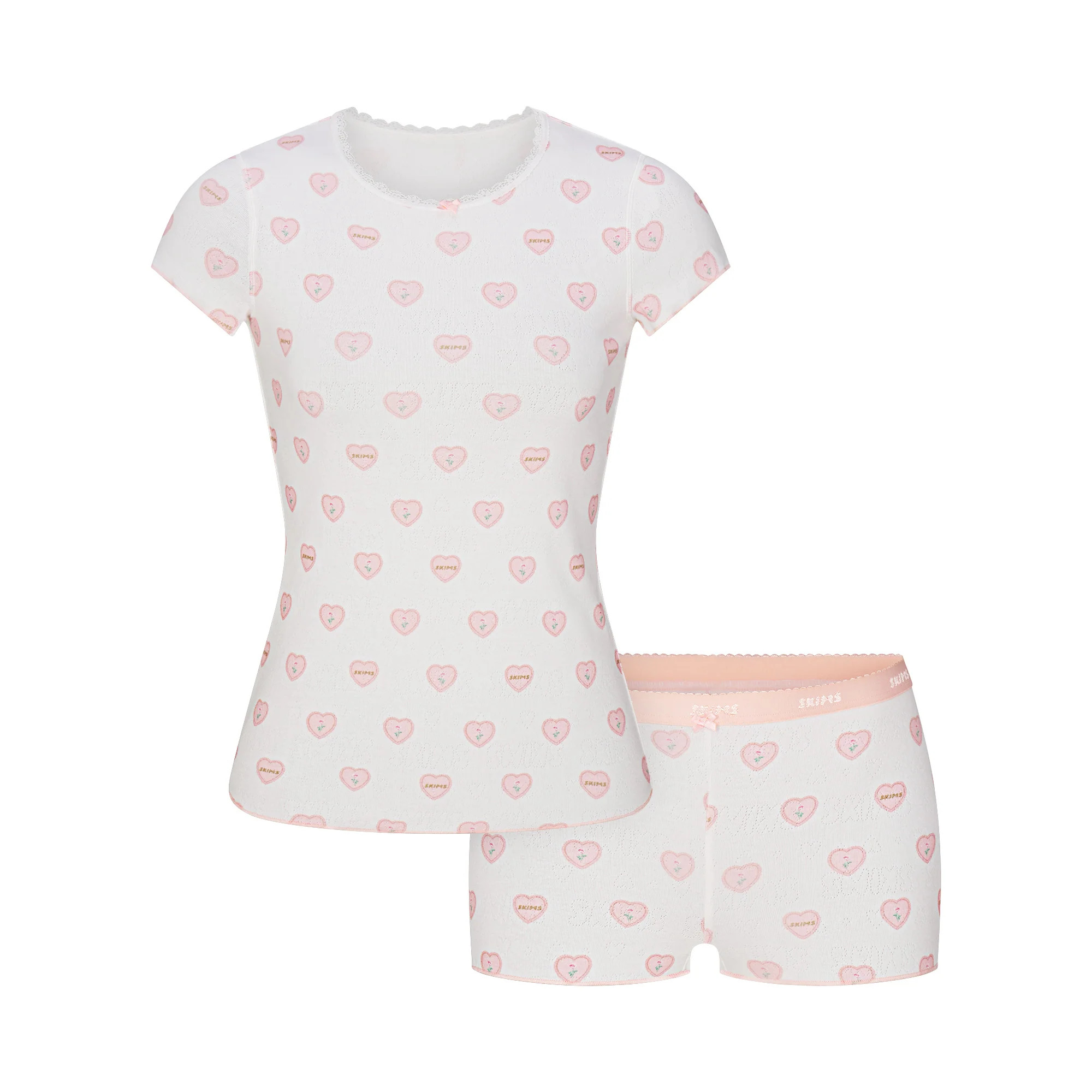 LOGO POINTELLE BABY TEE AND MICRO SHORT SET | SNOW LACE HEARTS | SKIMS | SKIMS (US)