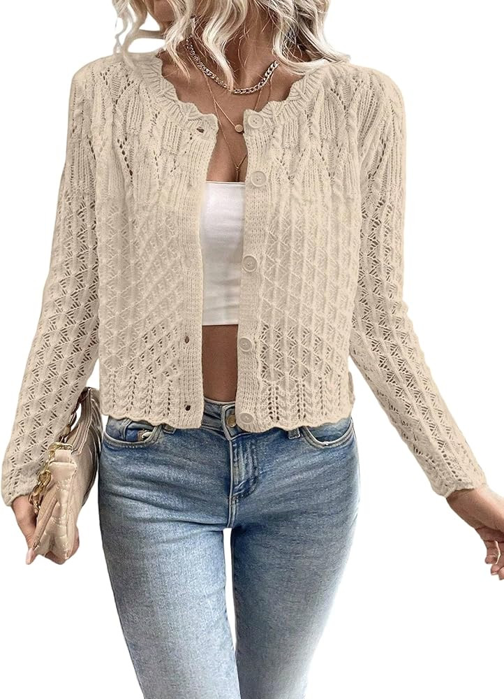 Urchics Knit Cardigan Sweaters for Women Crewneck Cropped Sweater Long Sleeve Front Button Fall T... | Amazon (US)