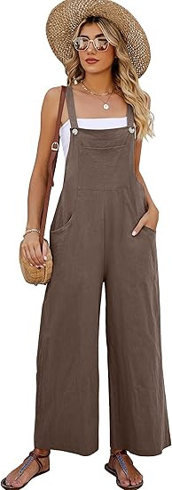 PEHMEA Women's Casual Overalls Cotton Wide Leg Jumpsuit Baggy Loose Rompers Bib Pants With Pocket... | Amazon (US)