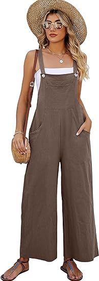 PEHMEA Women's Casual Overalls Cotton Wide Leg Jumpsuit Baggy Loose Rompers Bib Pants With Pocket... | Amazon (US)