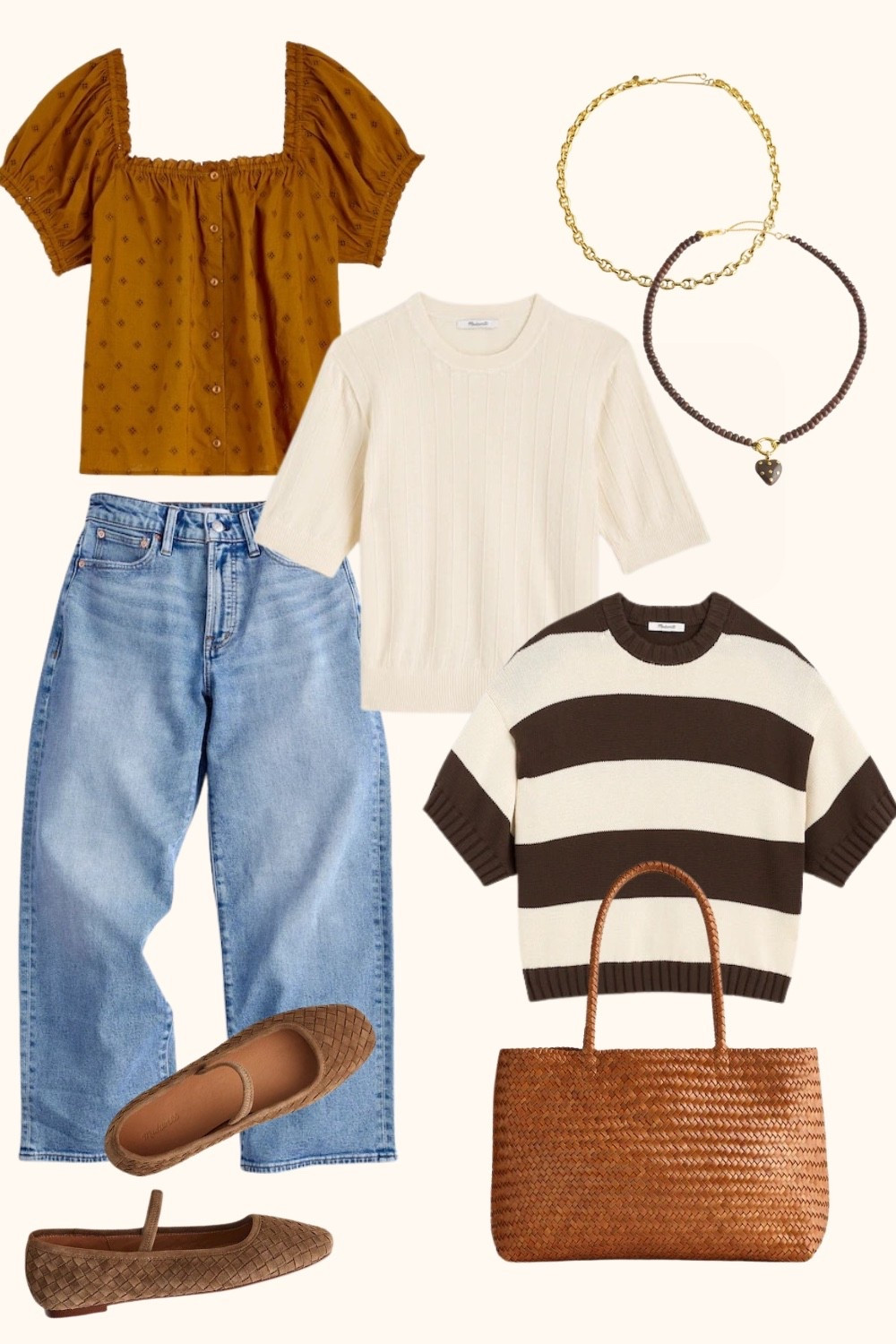 🍂 **Fall Edit** — Fall wardrobe I don’t have (yet) but would absolutely add to cart  @Madewell 🤎

Chic Fall tops + wide-leg jeans are giving all the cozy autumn vibes. Add a shoulder bag, Mary Jane shoes, and a warm gold chain necklace to pull it all together. ✨ fall outfits women

#LTKxMadewell #LTKOver40 #LTKPetite