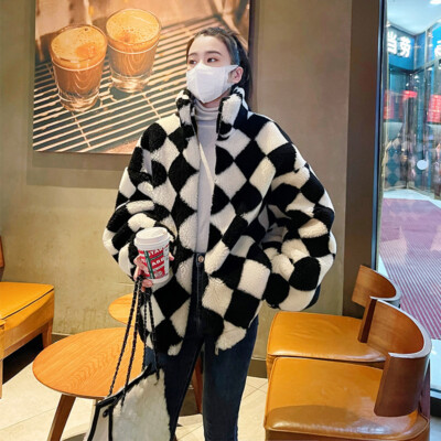 Womens Fashion Checked Stand Collar Faux Fur Short Warm Jacket Coat Overcoat | eBay US